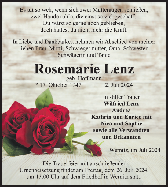 Traueranzeige von Rosemarie Lenz von Volksstimme Altmark West