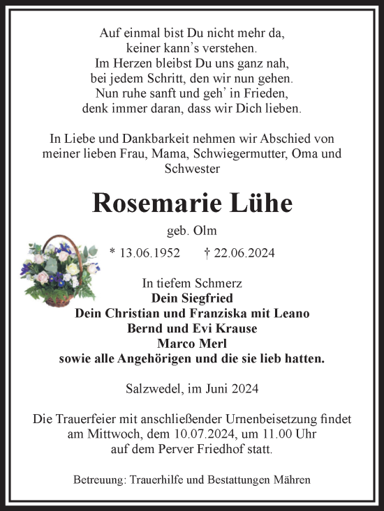 Traueranzeige von Rosemarie Lühe von Volksstimme Altmark West