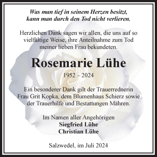 Traueranzeige von Rosemarie Lühe von Volksstimme Altmark West