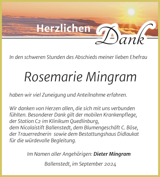 Traueranzeige von Rosemarie Mingram von Trauerkombi Quedlinburg