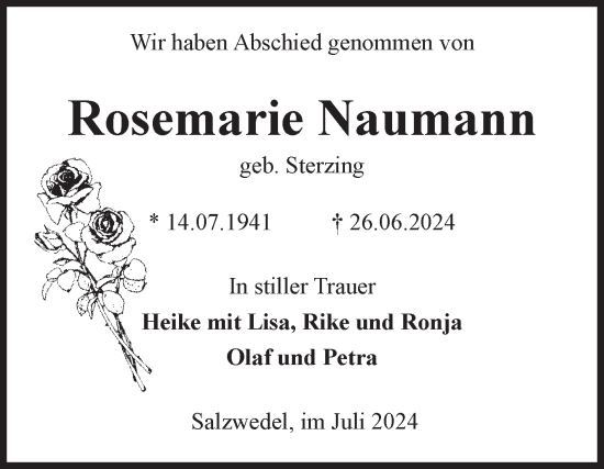 Traueranzeige von Rosemarie Naumann von Volksstimme Altmark West
