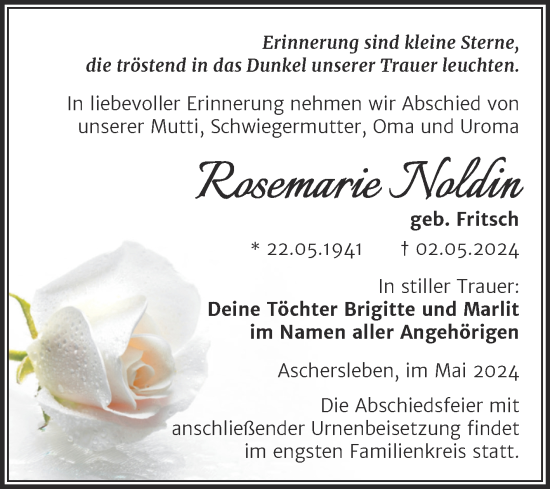 Traueranzeige von Rosemarie Noldin von Trauerkombi Aschersleben