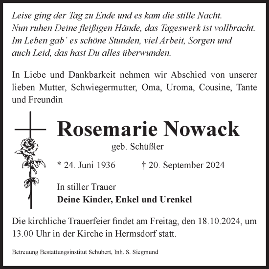 Traueranzeige von Rosemarie Nowack von Volksstimme Haldensleben/Wolmirstedt