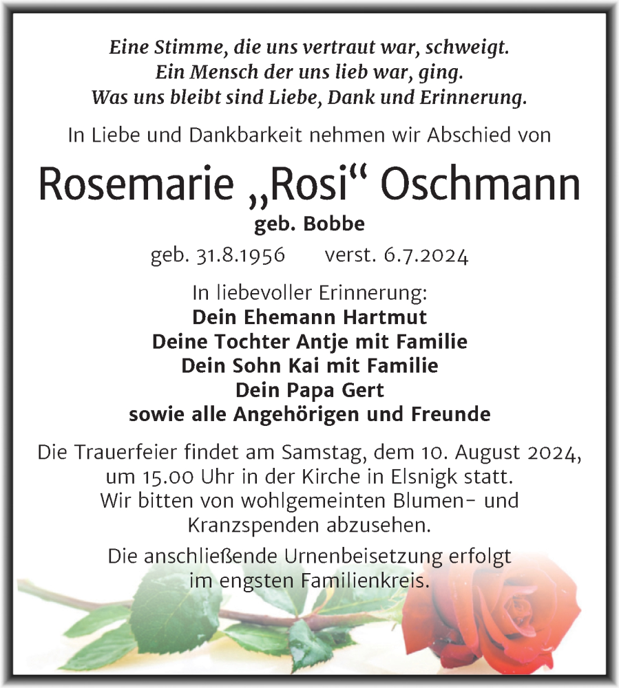  Traueranzeige für Rosemarie Oschmann vom 20.07.2024 aus Trauerkombi Köthen