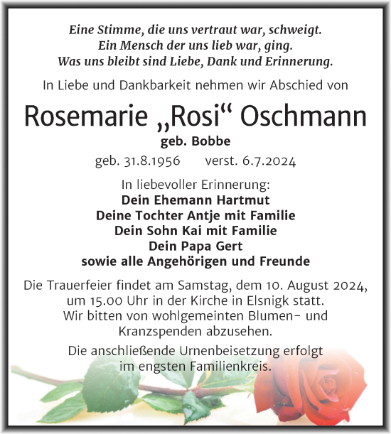 Traueranzeige von Rosemarie Oschmann von Trauerkombi Köthen