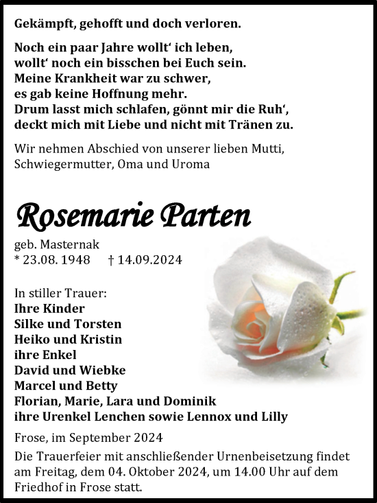 Traueranzeige von Rosemarie Parten von Trauerkombi Aschersleben