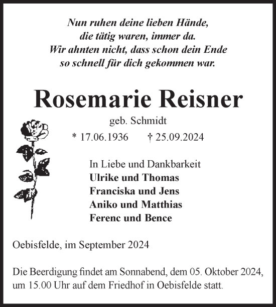 Traueranzeige von Rosemarie Reisner von Volksstimme Altmark West