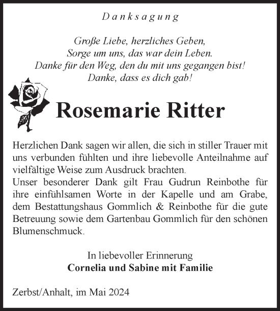 Traueranzeige von Rosemarie Ritter von Volksstimme Zerbst