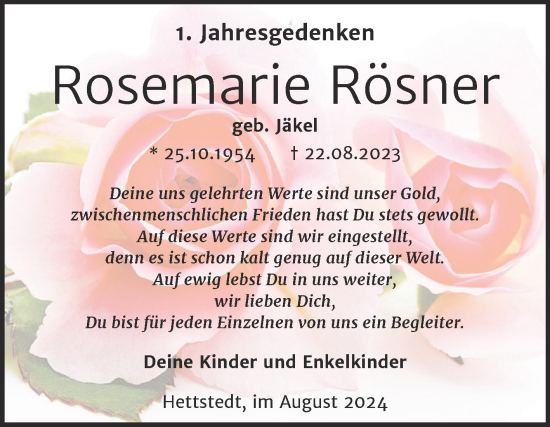 Traueranzeige von Rosemarie Rösner von Trauerkombi Mansfelder Land