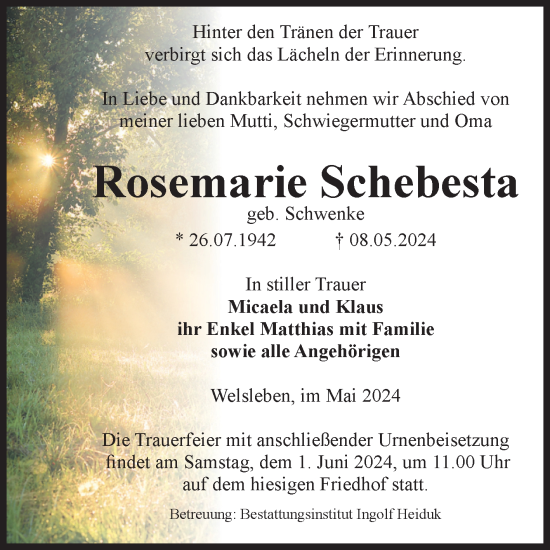 Traueranzeige von Rosemarie Schebesta von Volksstimme Schönebeck