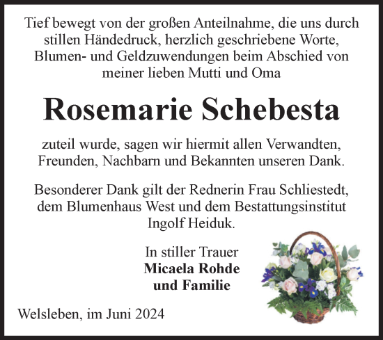 Traueranzeige von Rosemarie Schebesta von Volksstimme Schönebeck