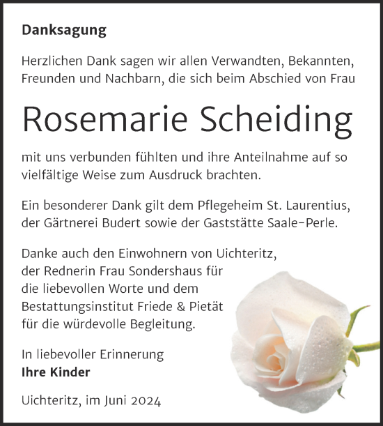 Traueranzeige von Rosemarie Scheiding von Trauerkombi Weißenfels