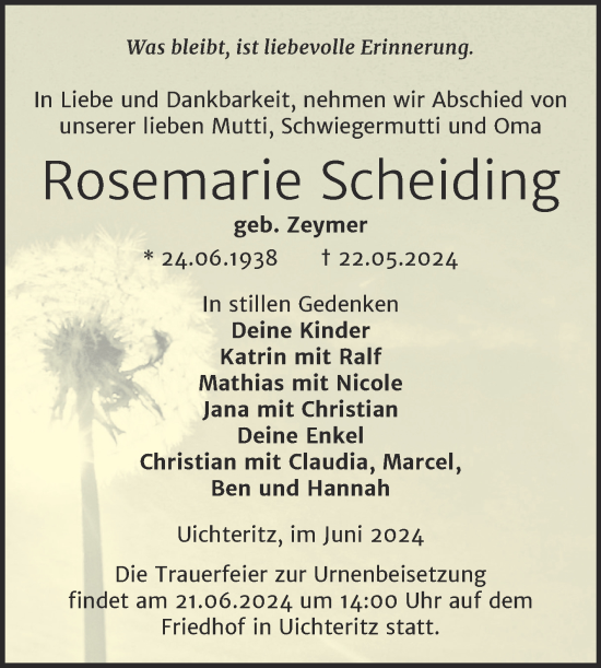 Traueranzeige von Rosemarie Scheiding von Trauerkombi Weißenfels