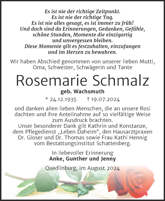 Traueranzeige von Rosemarie Schmalz von Trauerkombi Quedlinburg