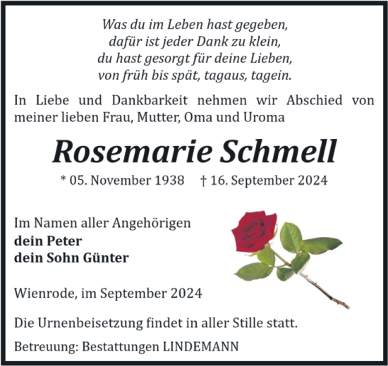 Traueranzeige von Rosemarie Schmell von Volksstimme Wernigerode