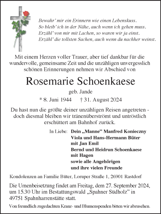 Traueranzeige von Rosemarie Schoenkaese von Volksstimme Wernigerode