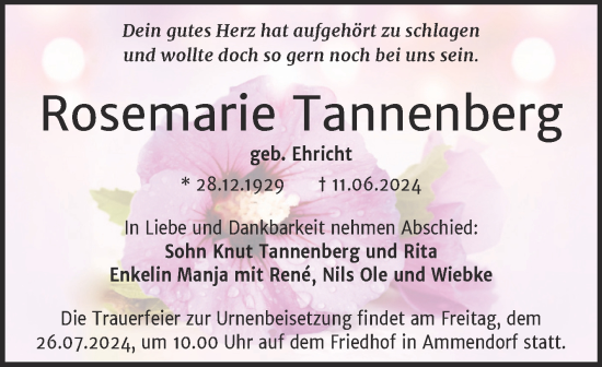 Traueranzeige von Rosemarie Tannenberg von Mitteldeutsche Zeitung Halle/Saalkreis