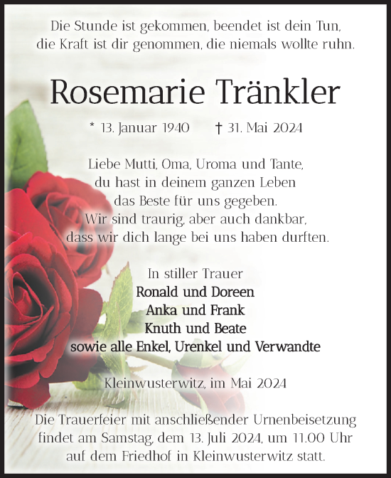 Traueranzeige von Rosemarie Tränkler von Volksstimme Burg/Genthin