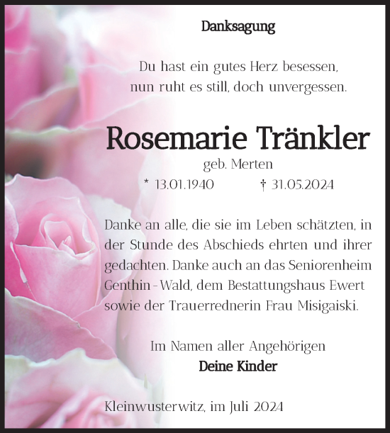 Traueranzeige von Rosemarie Tränkler von Volksstimme Burg/Genthin