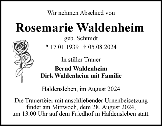 Traueranzeige von Rosemarie Waldenheim von Volksstimme Haldensleben/Wolmirstedt