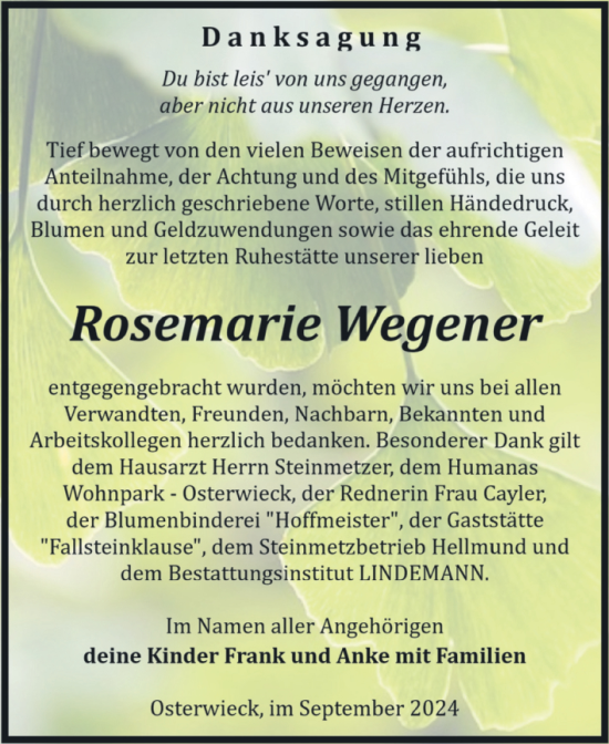Traueranzeige von Rosemarie Wegener von Volksstimme Halberstadt