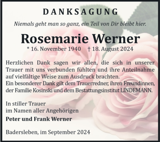 Traueranzeige von Rosemarie Werner von Volksstimme Halberstadt