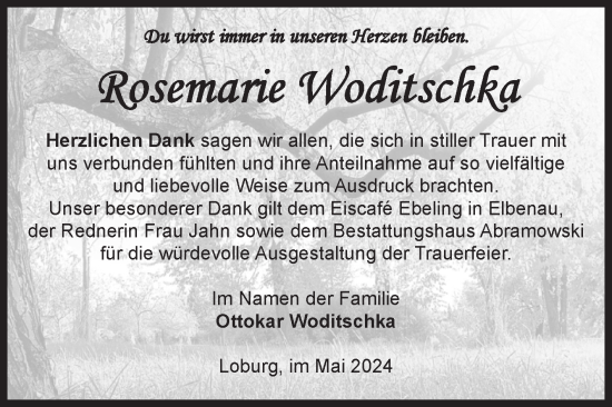 Traueranzeige von Rosemarie Woditschka von Volksstimme Burg/Genthin