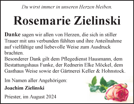 Traueranzeige von Rosemarie Zielinski von Mitteldeutsche Zeitung Halle/Saalkreis