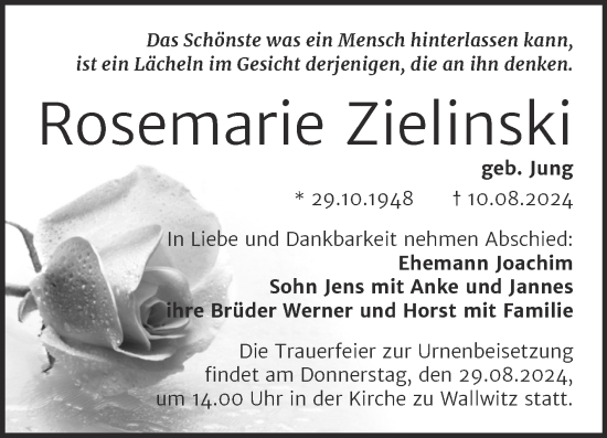 Traueranzeige von Rosemarie Zielinski von Mitteldeutsche Zeitung Halle/Saalkreis