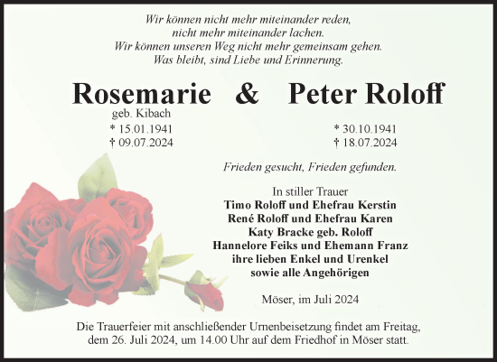 Traueranzeige von Rosemarie und Peter Roloff von Volksstimme Burg/Genthin