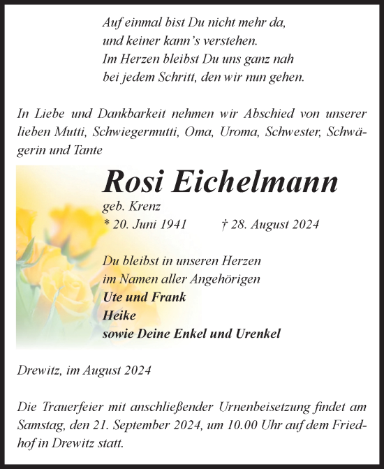 Traueranzeige von Rosi Eichelmann von Volksstimme Burg/Genthin