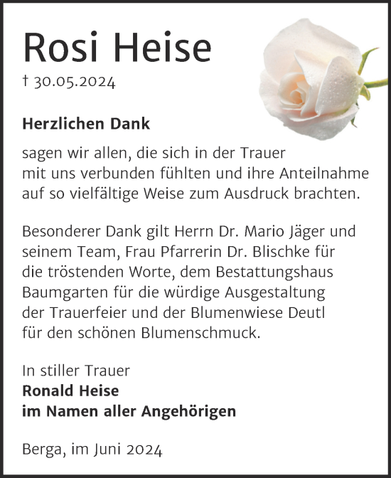 Traueranzeige von Rosi Heise von Trauerkombi Sangerhausen