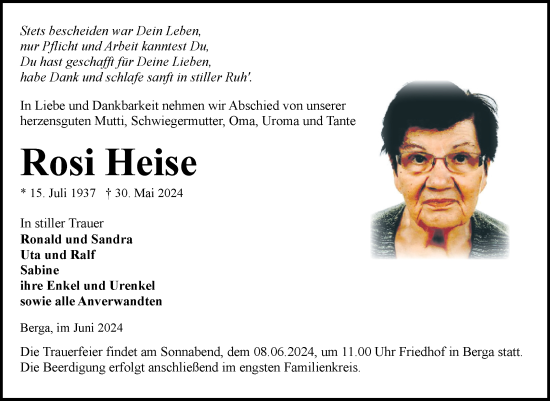 Traueranzeige von Rosi Heise von Mitteldeutsche Zeitung Sangerhausen
