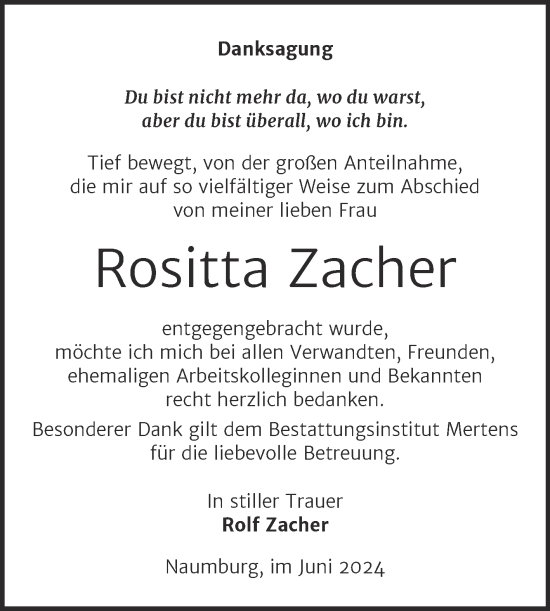 Traueranzeige von Rositta Zacher von Naumburger Tageblatt