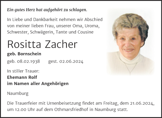 Traueranzeige von Rositta Zacher von Naumburger Tageblatt