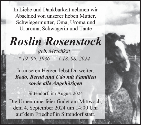 Traueranzeige von Roslin Rosenstock von Trauerkombi Sangerhausen