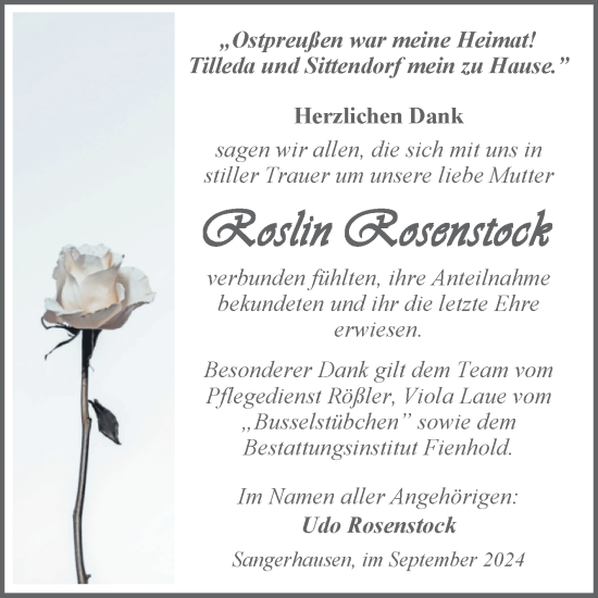 Traueranzeige von Roslin Rosenstock von Trauerkombi Sangerhausen