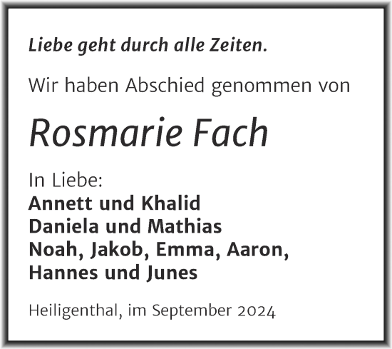 Traueranzeige von Rosmarie Fach von Trauerkombi Mansfelder Land