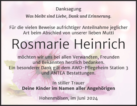 Traueranzeige von Rosmarie Heinrich von Trauerkombi Weißenfels