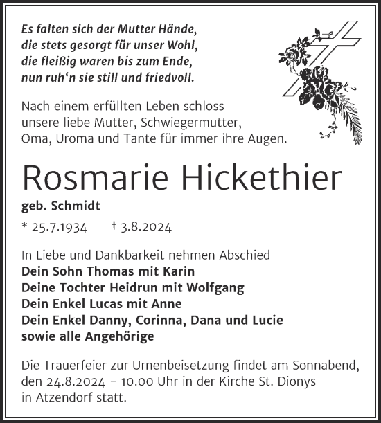 Traueranzeige von Rosmarie Hickethier von Trauerkombi Merseburg