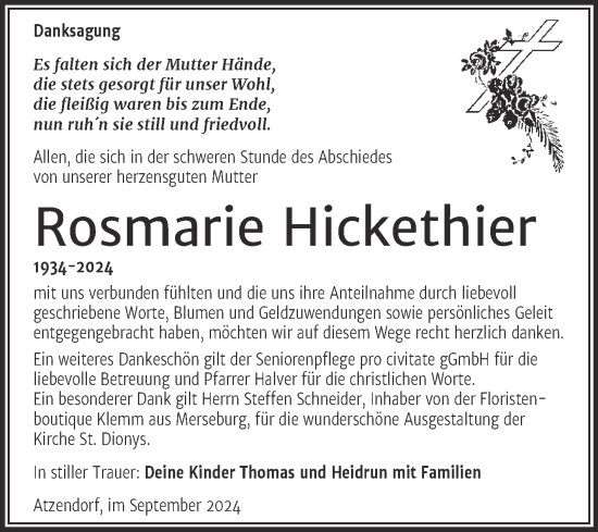 Traueranzeige von Rosmarie Hickethier von Trauerkombi Merseburg
