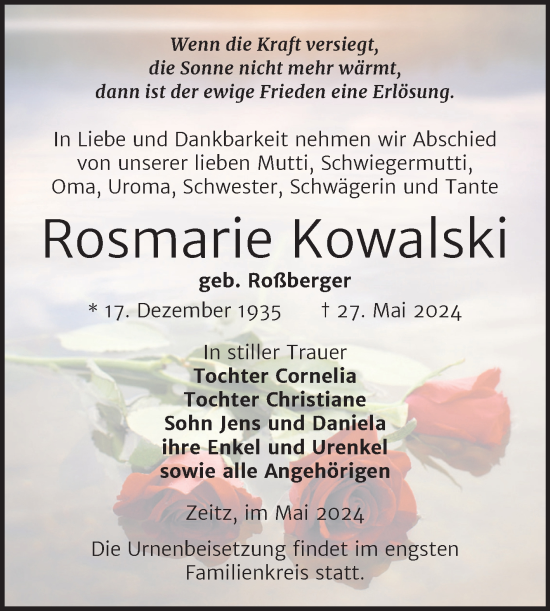 Traueranzeige von Rosmarie Kowalski von Trauerkombi Zeitz