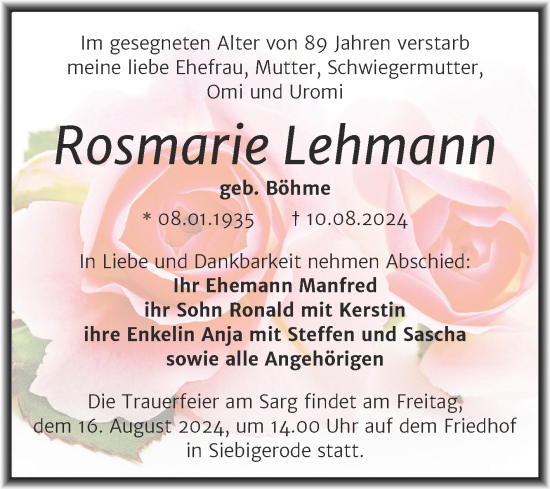 Traueranzeige von Rosmarie Lehmann von Mitteldeutsche Zeitung Mansfelder Land