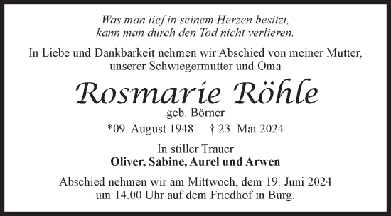Traueranzeige von Rosmarie Röhle von Volksstimme Burg/Genthin