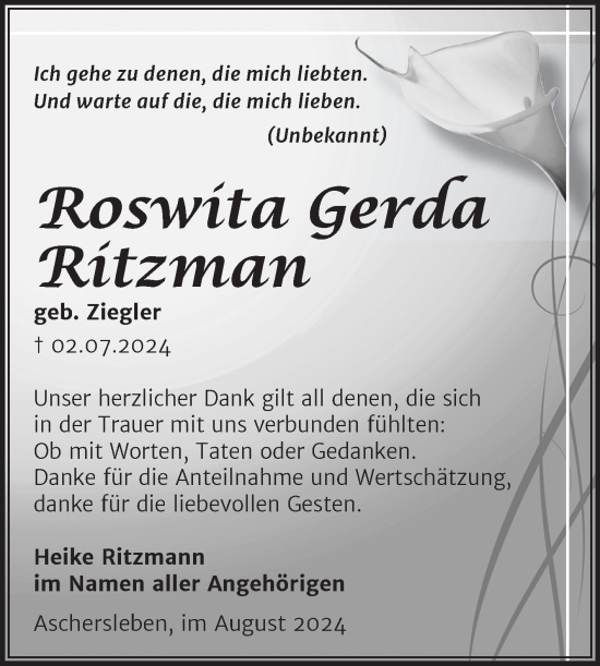 Traueranzeige von Roswita Gerda Ritzman von Trauerkombi Aschersleben