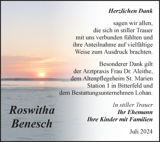Traueranzeige von Roswitha Benesch von Trauerkombi Bitterfeld