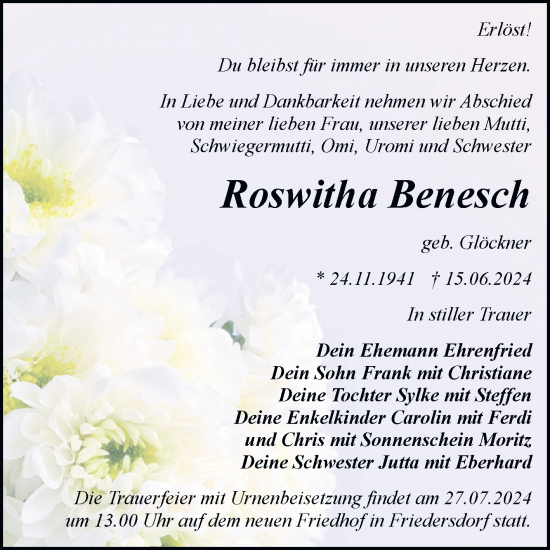 Traueranzeige von Roswitha Benesch von Trauerkombi Bitterfeld