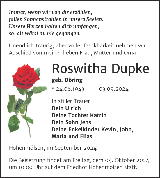 Traueranzeige von Roswitha Dupke von Trauerkombi Weißenfels