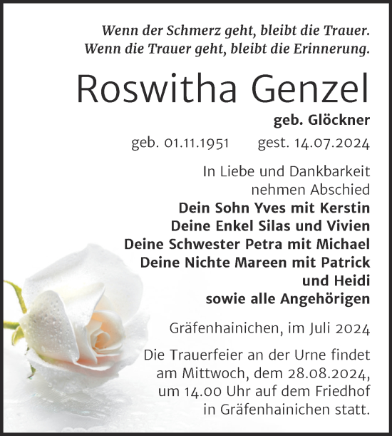 Traueranzeige von Roswitha Genzel von Trauerkombi Wittenberg