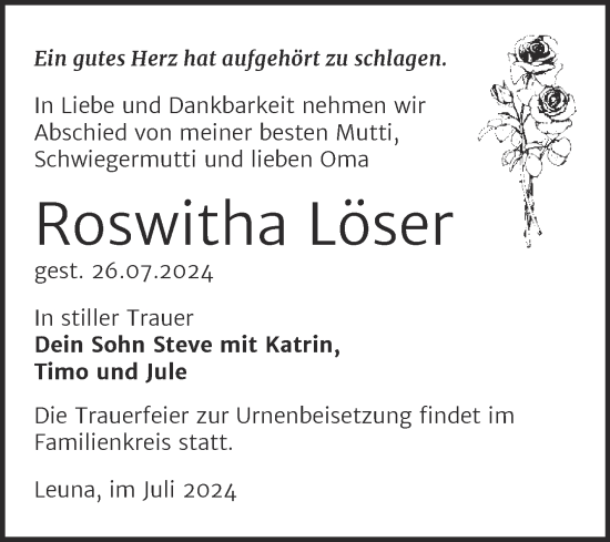 Traueranzeige von Roswitha Löser von Trauerkombi Merseburg